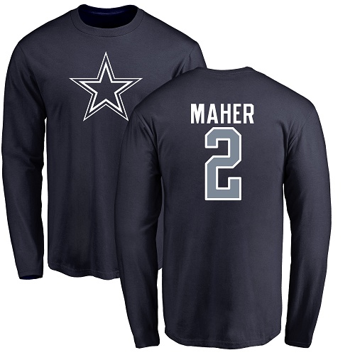 Men Dallas Cowboys Navy Blue Brett Maher Name and Number Logo #2 Long Sleeve Nike NFL T Shirt->nfl t-shirts->Sports Accessory